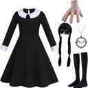 6pcs Girls Halloween Costume Girls Black Dress Long Sleeve with Wig Necklace Sock 3-14Y