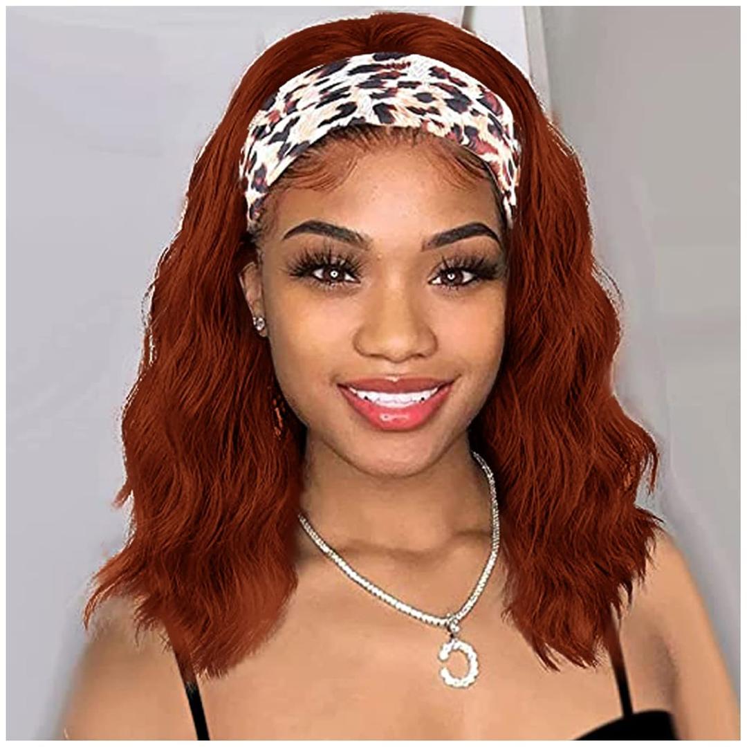 nicene Auburn Headband Wigs for Black Women Short Auburn Wavy Natural Hairline Bob Shoulder Length Synthetic Curly Daily Glueness Wigs14inch 350# (Ginger)