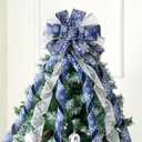 JOIEDOMI 45 Inch Christmas Tree Topper Wreath Bow, Blue and Silver Ribbon Ornaments with Snowflakes and Glitter, Large Gift Decor for Xmas Holiday Themed Decoration Home Parties Wedding