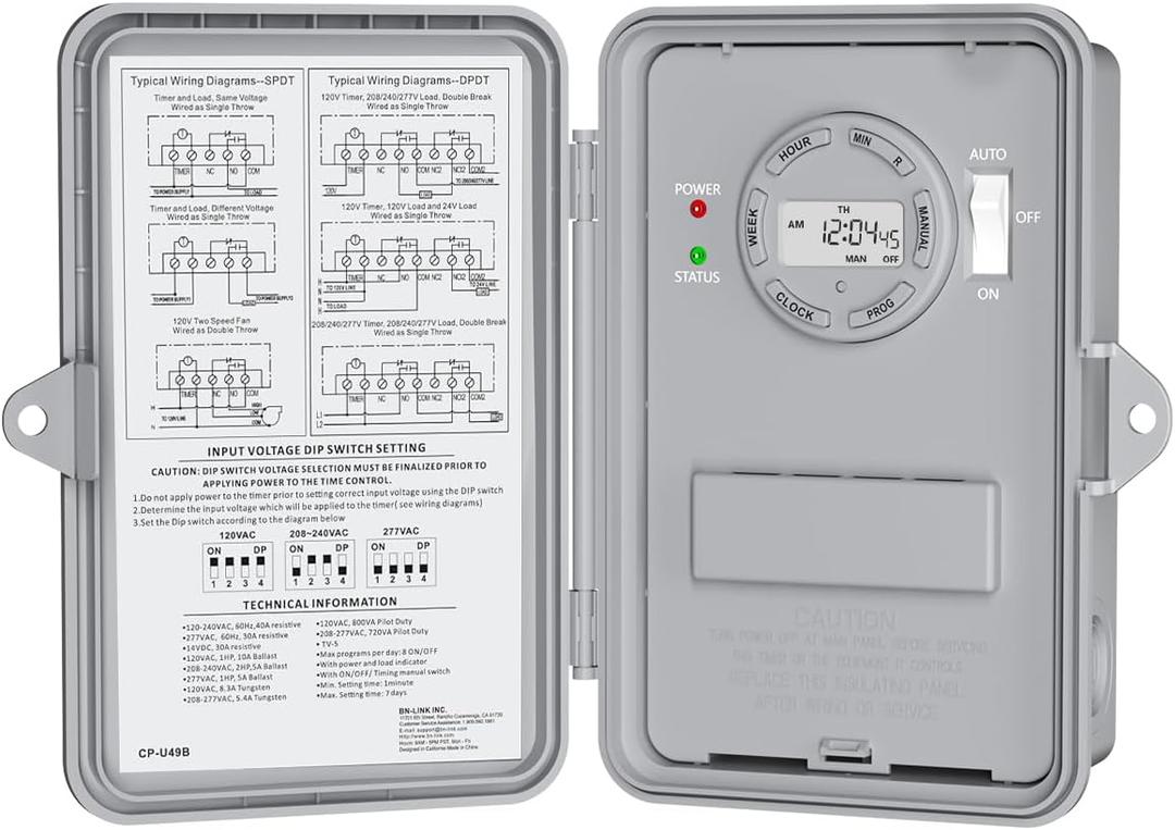 BN-LINK Pool Pump Timer, Outdoor Timer Box, Heavy Duty, 2HP 40A Max, 120, 240, 277 VAC, for Pool Pump, Water Heater, Fans, SPA, ETL Listed (Digital)