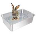 HUQIZOO Large Stainless Steel Rabbit Litter Box,Bunny Litter Pan with Widened Grid,Toilet Tray,High Back Wall,Deep Waste Storage (Large)