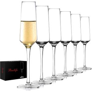 BACLIFE Champagne Flutes - Hand Blown Elegant Champagne Glasses Set of 6 - Unique Gift for Mother's Day, Birthday, Wedding - Ideal for Tasting, Daily Use - 7.5 oz, Clear