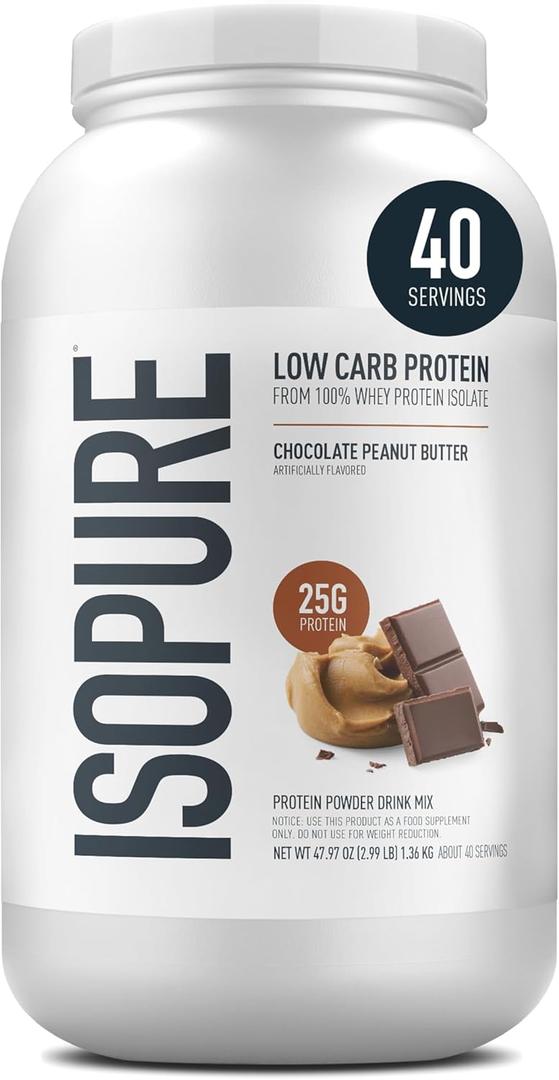Isopure Low Carb 100% Pure Whey Isolate Protein Powder, Lactose Free, Gluten Free, With Vitamins, Chocolate Peanut Butter, 25g Protein Per Serving, 3 Lbs, 40 Servings (Packaging May Vary) (EXP 09/10/27)
