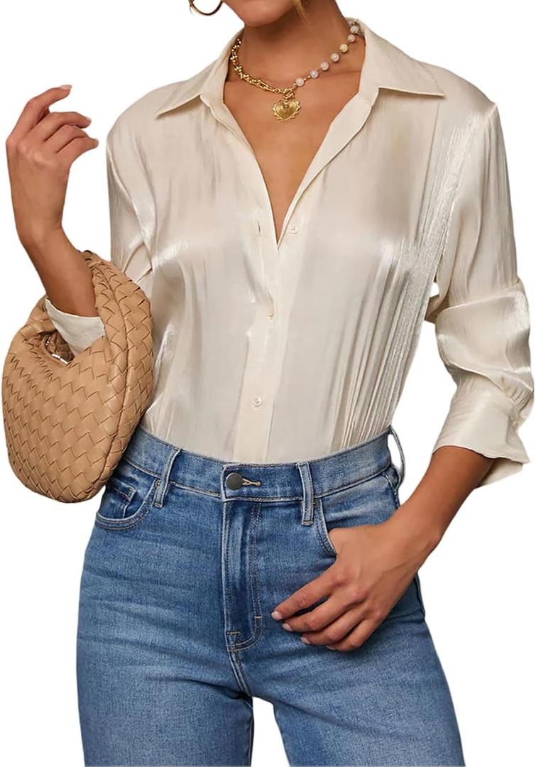 Button Down Shirts for Women Business Casual Fitted Tops Long Sleeve V-Neck Work Blouse Formal (XL)