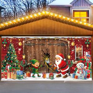16x7ft Christmas Garage Door Cover Decoration, Large Santa Claus & Elf Backdrop, Merry Christmas Garage Door Banner, Outdoor Holiday Decoration for Garage, Porch, Yard