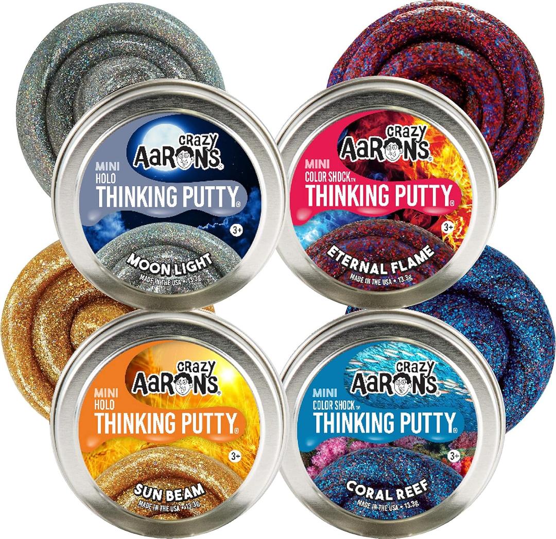 Crazy Aaron's Putty Color Shock & Holo Mini Tins (.47oz Each) Sun Beam, Coral Reef, Eternal Flame & Moonlight Gift Set Bundle - 4 Pack