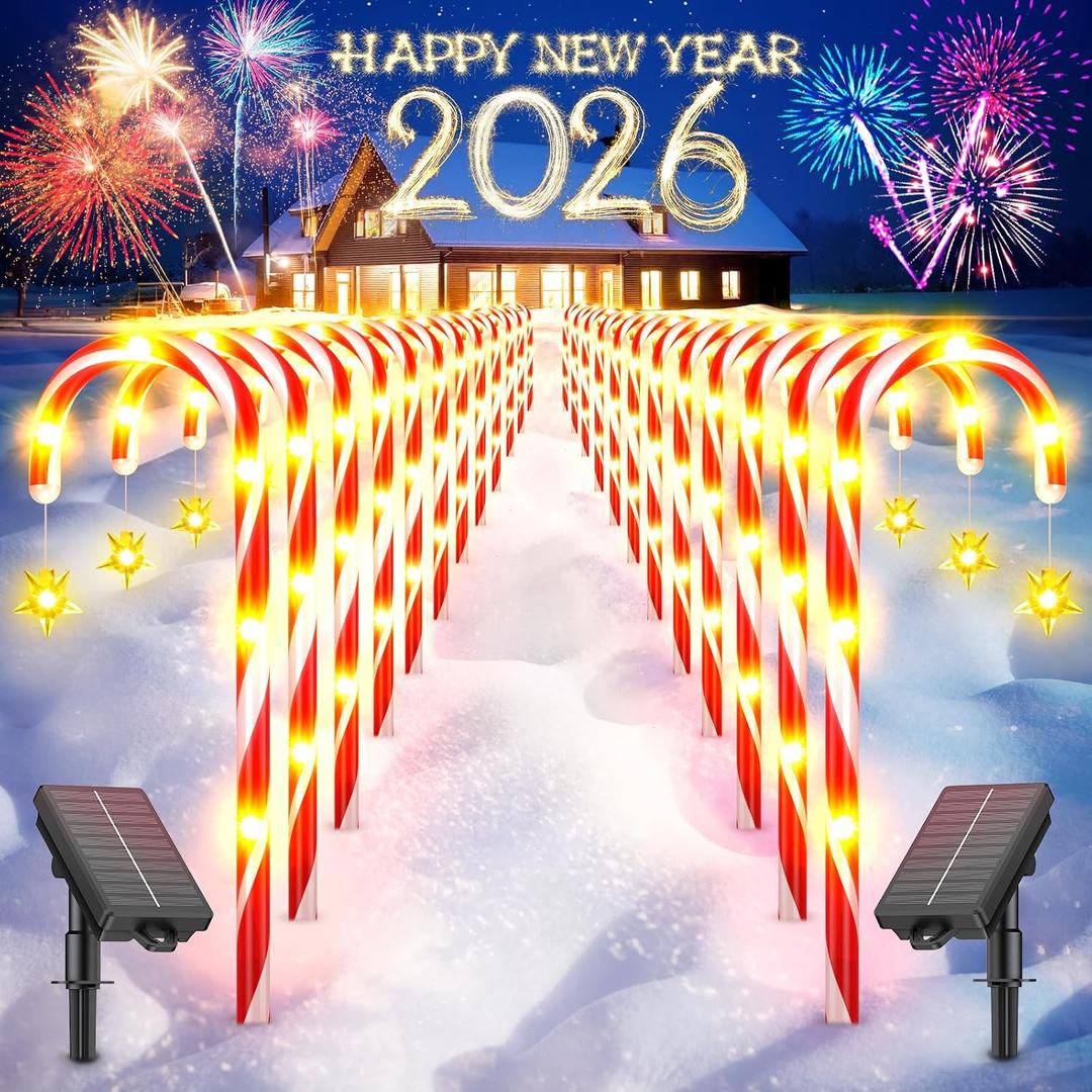 24 Pack Christmas Decorations Outdoor Solar Candy Cane Lights, Solar Christmas Pathway Lights with USB Charge, 10 Modes 144 LEDs Waterproof Outdoor Christmas Decorations for Yard Garden Pathway (Red/White)