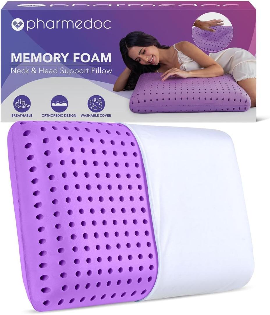 Pharmedoc Cooling Memory Foam Bed Rest Pillows, 1 Pack, Ventilated Lilac Dreamer, Reading, Standard, Back and Side Sleeper Support, Sleeping Pillows for Adults