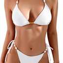 TASHEHE Women's Bikini Set High Cut Triangle Sexy Tie Swimsuit Two Piece Beads Shoulder Straps Bathing Suit (White, S)
