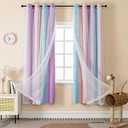 LUGOTAL Double Layer Blackout Curtains for Girls Bedroom - Princess Rainbow Kids Room Decor Pink Purple Stripe Star Blackout Curtains Panels, (34x63 Inches, 1 Panels)