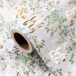 WRAPAHOLIC Neutral Baby Shower Wrapping Paper Roll - Mini Roll - 17 Inch x 16.5 Feet - Gold Foil Hello Baby Eucalyptus Sage Green Wrapping Paper for Baby Shower, Baptism Gift Wrap, Kids Birthday