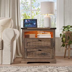 Vabches Nightstand with Charging Station, Vintage End Table with 2 Drawers, Wood Rustic Sofa Side Table with Open Storage Shelf for Bedroom, Living Room (Brown)