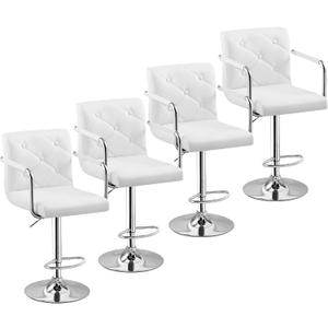 VECELO Bar Stools, Adjustable Bar Stools Set of 4, Counter Height Barstool with Back and Arms, Swivel PU Leather Bar Stool for Kitchen/Island, White
