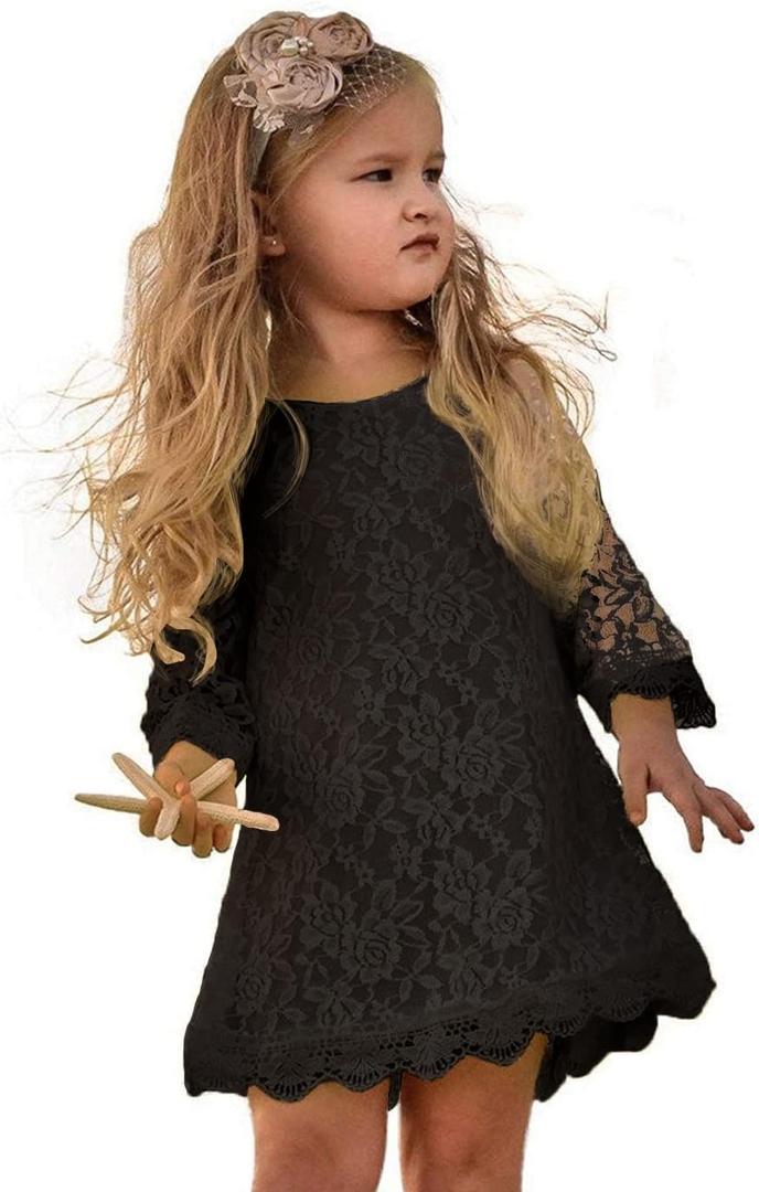 APRIL GIRL Flower Girl Dress, Lace Dress 3/4 Sleeve Dress (2T, Black)