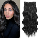 Synthetic Clip in Hair Extensions, 6 PCS 1 6 Inch Hair Extensions Clip Ins, Black Long Wavy Hairpieces(16inch, 6pcs, Black)