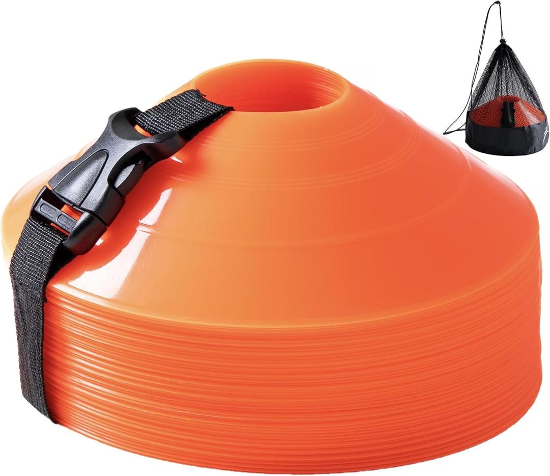 Flexible Soccer Cones (Set of 60/50/40/25) with Mesh Bag & Strap, Sports Cones for Soccer, Basketball, Football Training Equipment, Agility Soccer Cones for Drills Training (Orange)
