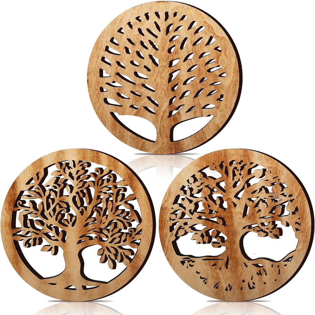3 Pcs Life Tree Wooden Trivets for Hot Dishes 8" Rustic Round Tree Trivet Set Hot Plate Holders Heat Resistant Farmhouse Trivet for Kitchen Dining Table(Light Wood Color)