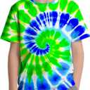 DMPROD Kids Tie Dye Shirt Size 6-18 Children Hippies Senior Short Sleeve Tees Tie-Dye T Shirt for Boys Girls (9-11 Years, Blue Green)