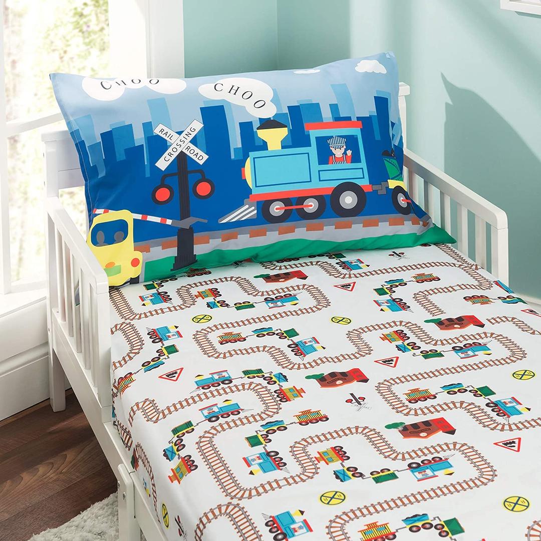 EVERYDAY KIDS Toddler Fitted Sheet and Pillowcase Set -Choo Choo Train- Soft Breathable Microfiber Toddler Sheet Set (2 Piece)