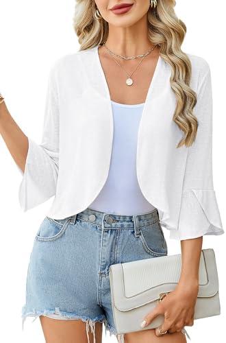 Yekaty Shrugs for Women 3/4 Sleeve Cropped Cardigan Lightweight Summer Sheer Bolero Shrug for Dresses, Medium