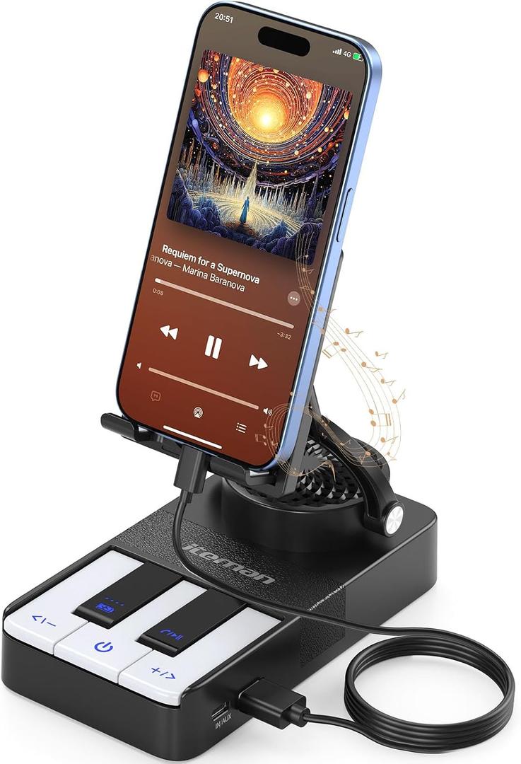 JTEMAN Cell Phone Stand with Bluetooth Speaker and Charging Stand,Piano Keys Design,Music Lovers & Teacher Gifts,Birthday Gifts for Men Women Dad Mom,Cool Tech Gadgets-Black