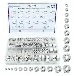 550 Pack SAE & Metric Hex Nut Assortment Kit, 2#56 4#40 6#32 8#32 10#24 10#32 12#24 1/4-20 5/16-18 3/8-16 7/16-14 1/2-13 M2 M2.5 M3 M4 M5 M6 M8 M10 M12 304 Standard Hardware Nuts