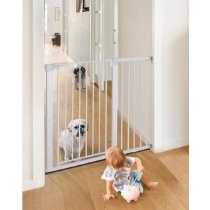 COMOMY 36" Extra Tall Baby Gate for Stairs Doorways, Fits Openings 29.5" to 46" Wide, Auto Close Extra Wide Dog Gate for House, Pressure Mounted Easy Walk Through Pet Gate with Door, White