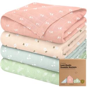 4-Pack Muslin Swaddle Blankets for Boys, Girls - Organic Baby Swaddles for Newborns, Soft & Breathable Receiving Baby Blankets for Girl, Boy, Neutral, Newborn Essentials Gift (Bloom)