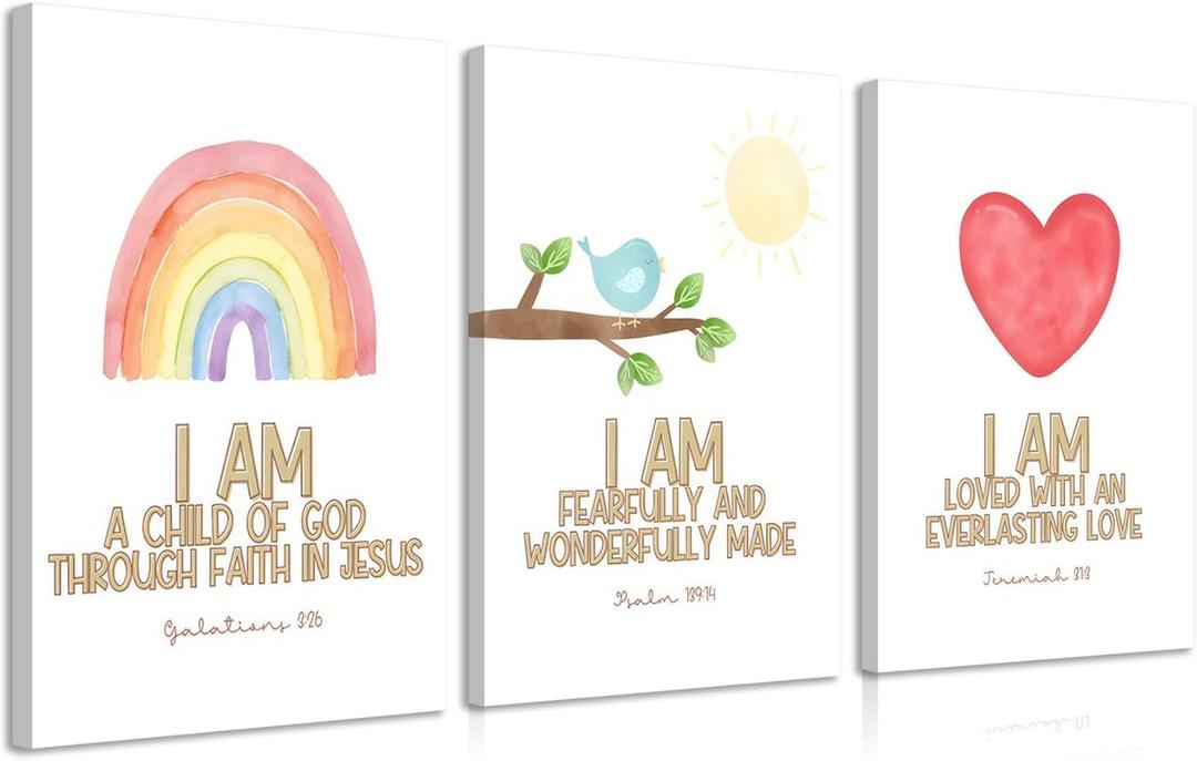 3Pcs Nursery Bible Verse Canvas Wall Art Colorful Rainbow Motivational Affirmation Wall Decor Pictures Christian Kids Scripture Introduction Posters Prints for Kids Room Nursery Home Decoration