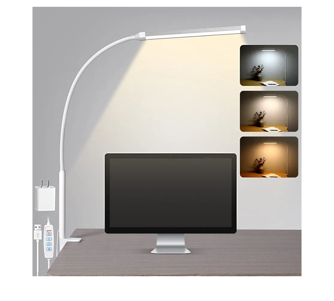 Voncerus LED Desk Lamp with Clamp, Eye-Caring Clip on Lights for Home Office, 3 Modes 10 Brightness, Long Flexible Goose-Neck, Metal, Swing Arm Architect Task Table Lamps with USB Adapter, White