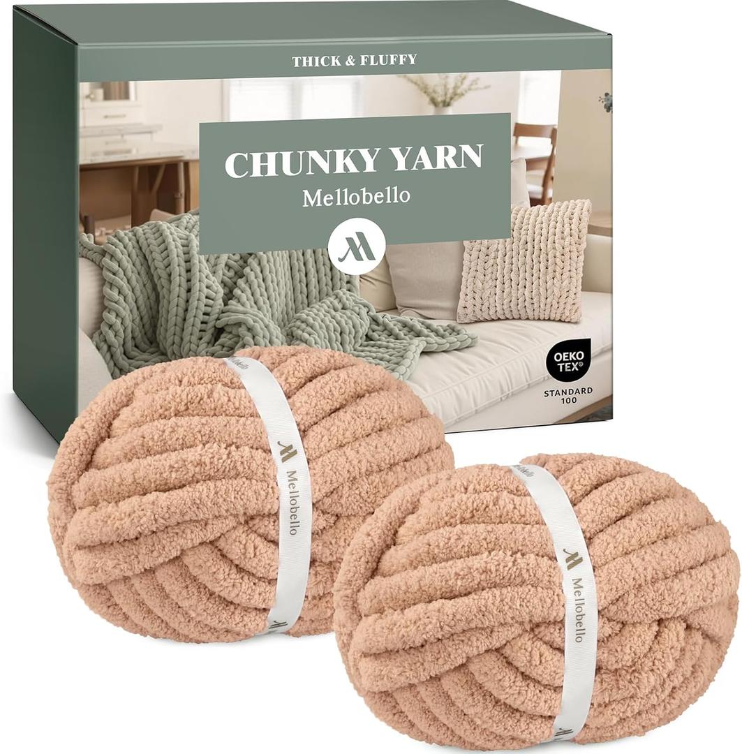 Jumbo Chenille Chunky Yarn for Crocheting - Super Bulky Fluffy Chunky Yarn for Hand Knitting - Extra Thick Soft Blanket Big Yarn 2 Jumbo Pack (27yds,8 oz Each Skein) (Blush Brown)
