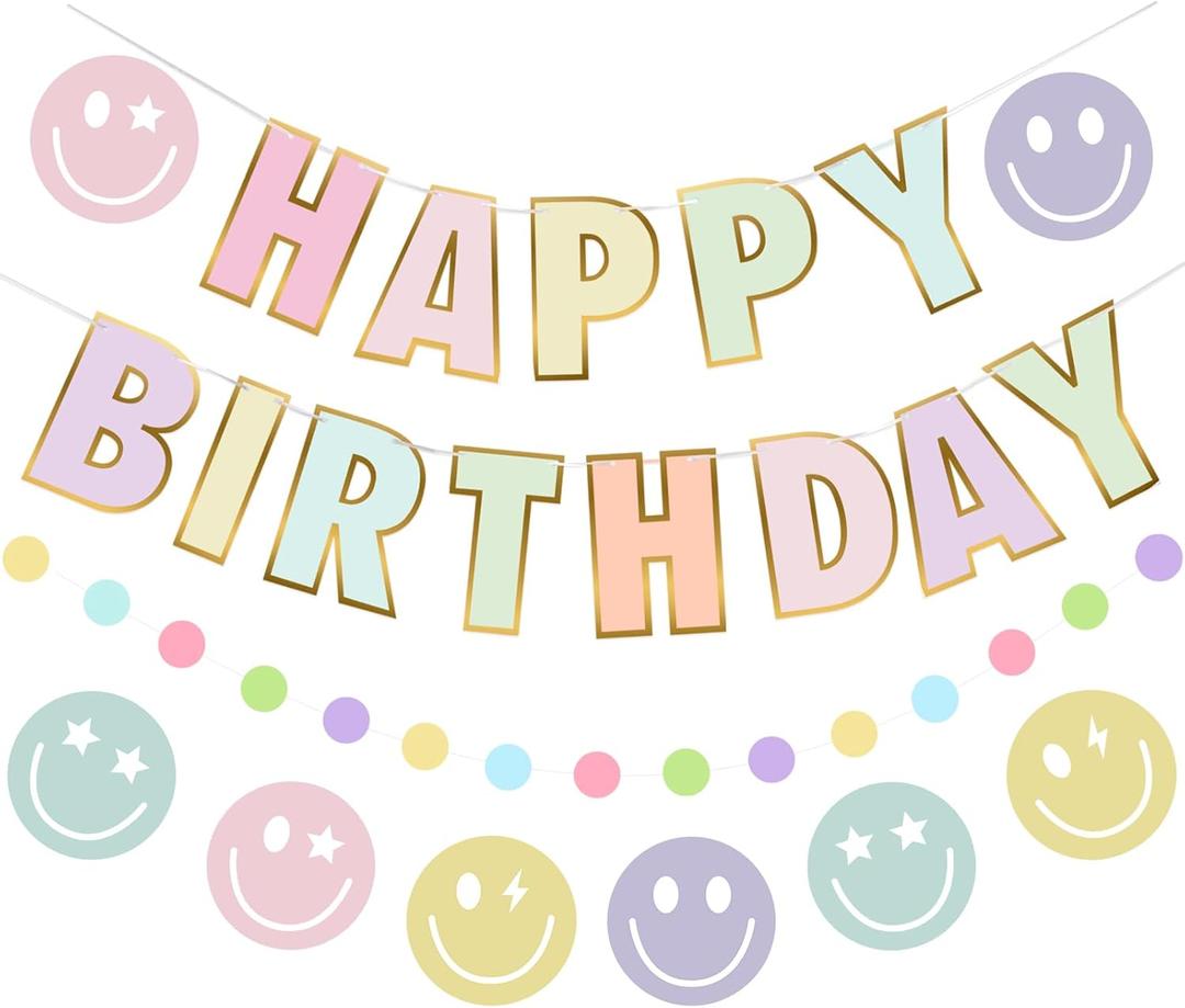 Pre-Strung Happy Birthday Banner, NO DIY Birthday Decorations with Circle Dot Garland and Preppies, Happy Birthday Party Decorations for Women Men Girls Boys (Pastel)
