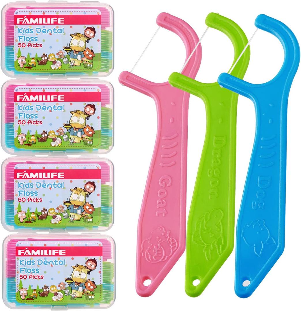FAMILIFE Dental Floss Picks Kids flossers Toddler Threaders Children Unwaxed Unflavored Fluoride Free Dental Floss Child Kid Flossing Sticks with Travel Cases 200 Picks (Animal 200 Pcs)