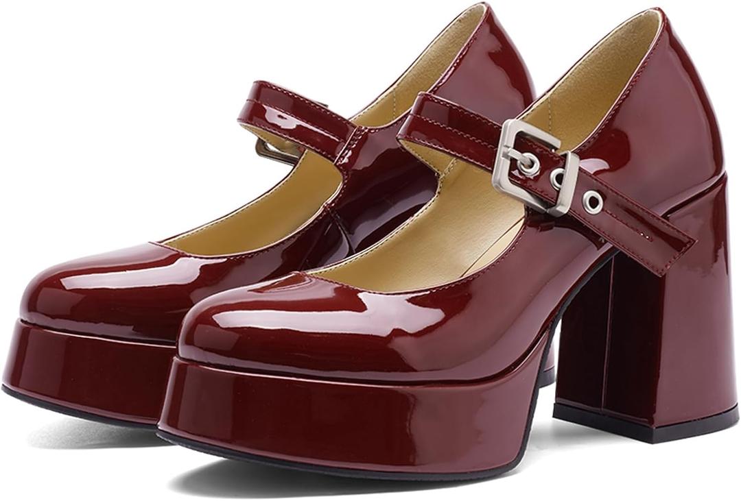 QIV Platform Mary Jane Heels for Women Chunky Block Heel Round Toe Closed Toe Dress Shoes (8.5, Burgundy)