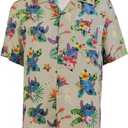 Disney Lilo and Stitch Men's Stitch Tropical Hawaiian Button Up Shirt (XX-Large, Khaki)