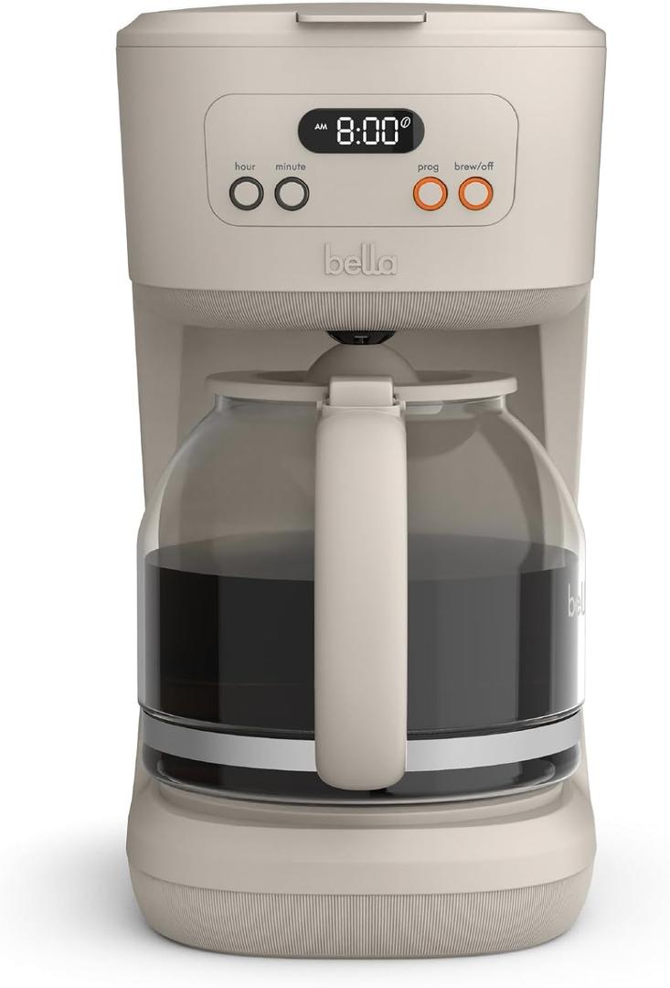BELLA 12 Cup Programmable Coffee Maker, Reusable Dishwasher Safe Accessories, Easy LCD display, Auto Shutoff, 900 watt, Oatmilk