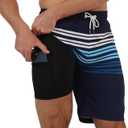 Arcweg Mens Swim Trunks with Compression Liner 2 in 1 9" Swimming Trunks Quick Dry Men's Swimwear for Surfing Summer Beach (Blue Stripe Gradient)