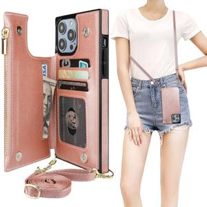 Bocasal Crossbody Wallet Case for iPhone 14 Pro Max with RFID Blocking Card Slot Holder, Magnetic Flip Folio Purse Case, PU Leather Zipper Handbag with Detachable Lanyard Strap 6.7 Inch 5G (Rose Gold)