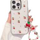 Cute Case for iPhone 16 Pro Max,Red Cherry Pearls Case,with Phone Charm Chain,Flowers Fruit for Women Girls Designed Shockproof Cover for iPhone 16 Pro Max-White