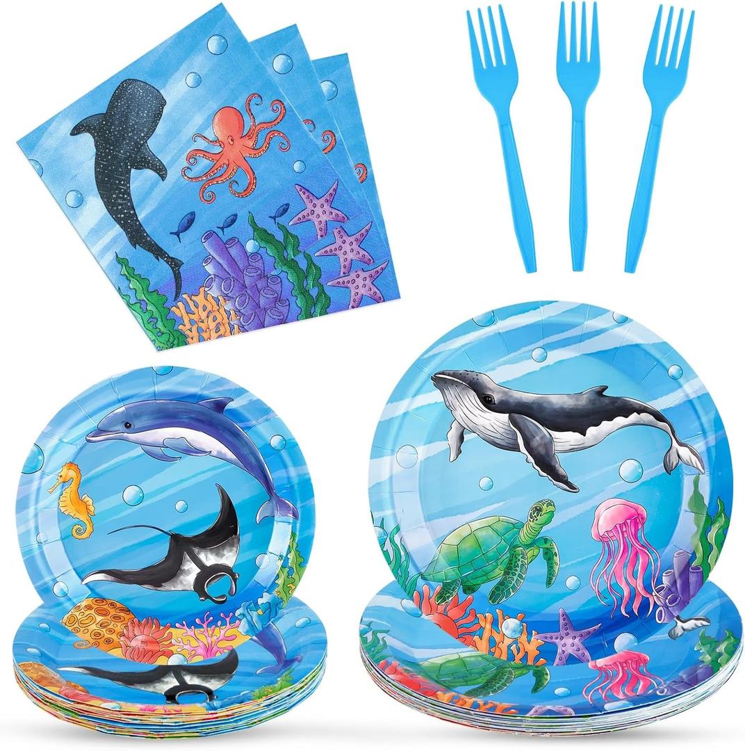 WERNNSAI Ocean Party Decorations - 64 Pcs Shark Party Plates Napkins Forks Under the Sea Theme Party Supplies Sea Animal Paper Plates Napkins for Kids Birthday Baby Shower Serves 16 Guests