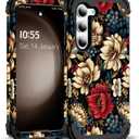 for Galaxy S23 Case,3 in 1 Floral Pattern Heavy Duty Shockproof Protection Soft Silicone Rubber Bumper+Hard Plastic Hybrid Protective Cover for Samsung Galaxy S23 6.1",Black Flower