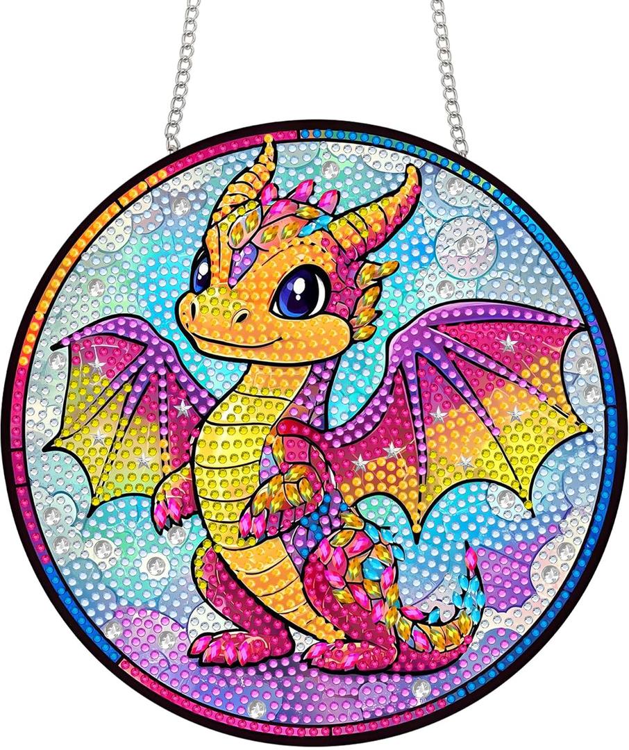 Bimkole Dinosaur Diamond Art Hanging Kit for Adult, DIY 5D Diamond Art Animal Window Pendant, Acrylic Crystal Art Hanging Ornament Home Wall Garden Front Door Sign Outdoor Decor 7.8x7.8 Inch