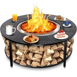 48.5 Inch Universal Fire Pit Surround Tabletop for Solo Stove Yukon & Tiki 27.5, Outdoor Patio Stand with Firewood Storage Shelf, Heavy Duty Steel, 200LB Capacity