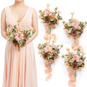 Ling's moment Artificial Flowers Apricot and Peach Bridesmaid Bouquet Set of 4, Peach Wedding Flowers Bouquets for Bridesmaids, 7 Inch Bridal Bouquets for Bridesmaids, Wedding, etc