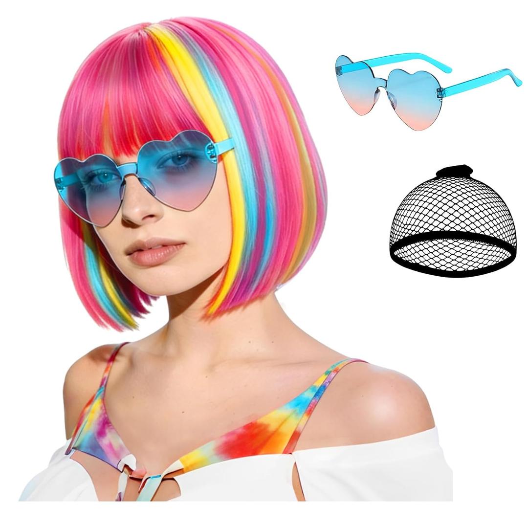 Colored Bob Wig Straight Hair with Heart Sunglasses Hair Cap, Short Rainbow Wig with Flat Bangs for Women Daily Bachelorette Halloween Costume Party Decorations, Realistic (Pink, Lake blue, Yellow)