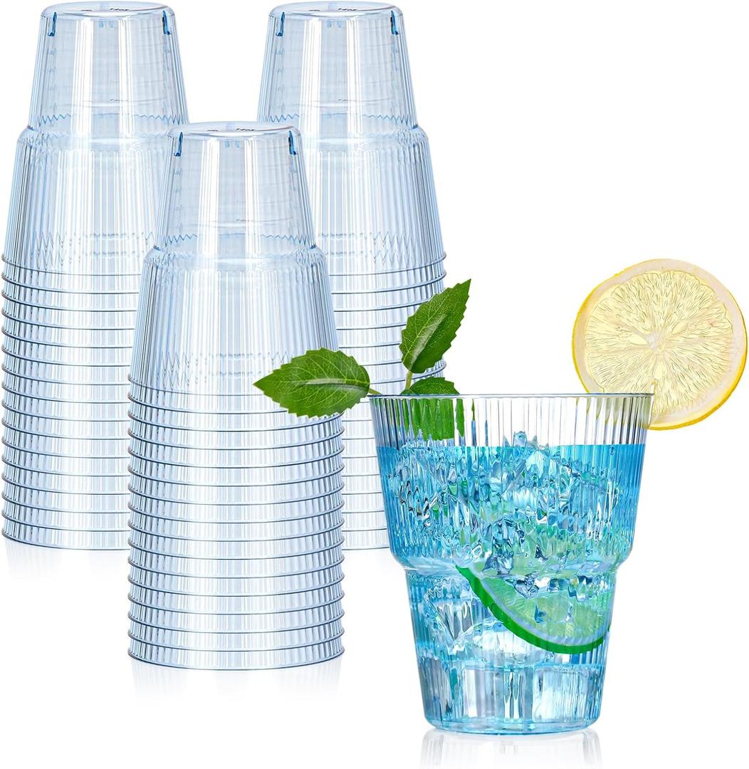 XUWAIDSGN 50 Pack Blue Plastic Ribbed Wine Glasses 14 oz Disposable Cocktail Martini Juice Coffee Drinking Tumblers Plastic Stackable Ripple Wedding Party Cups for Charcuterie Parties and Events