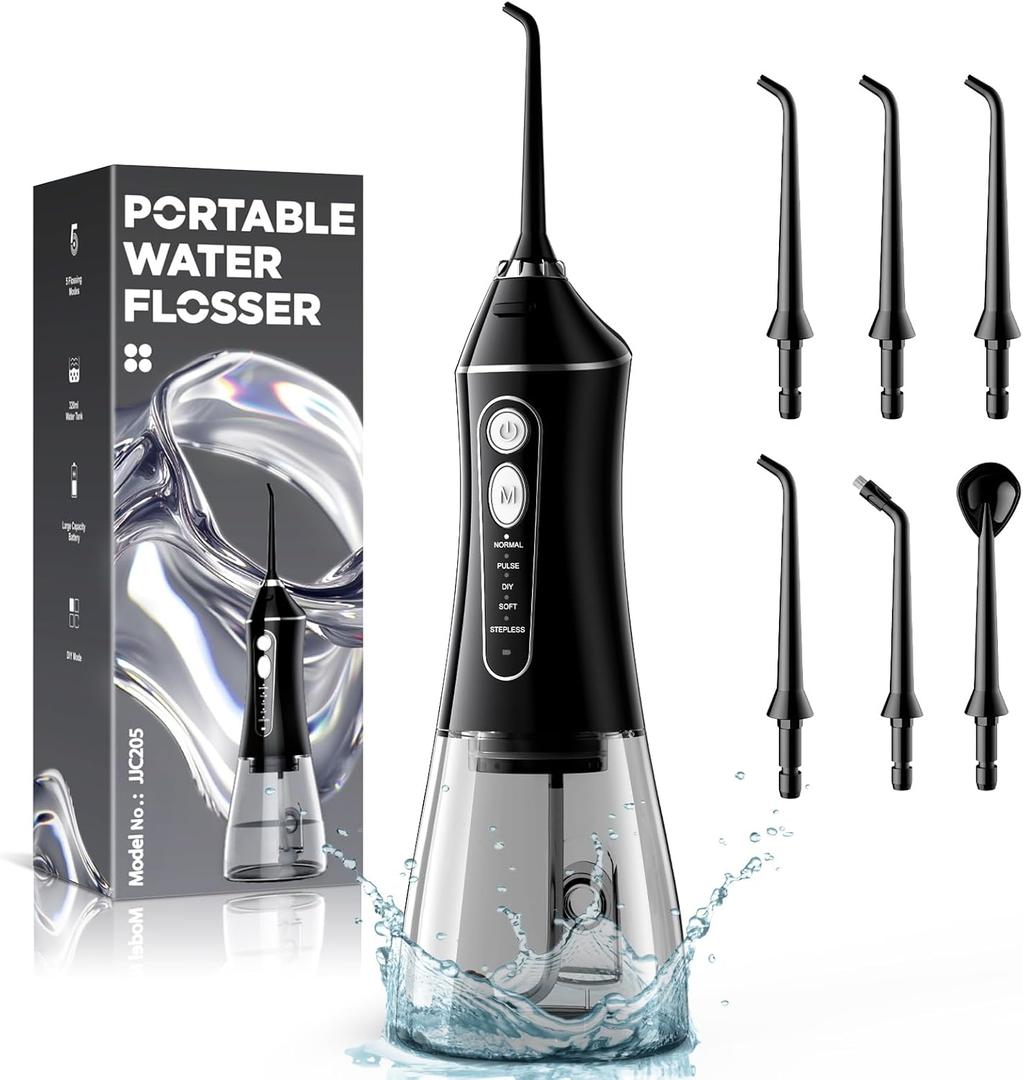 Water Flosser for Teeth Cleaning and Flossing, 5 Modes Rechargeable Cordless Oral Irrigator 320ml Water Tank Teeth Cleaner, IPX7 Waterproof Portable Electric Dentel Flossers for Home and Travel,  Black