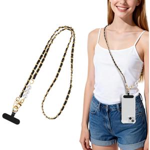 2 x Yojaro Mobile Phone Crossbody Chain, Universal Phone Lanyard With Pearl And Lanyard Tags, Stylish Hands-Free Suitable For Most Smartphones (Black)