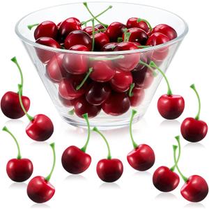 Skylety 50 Pieces Fake Cherries Artificial Cherry Fruit Decorations Simulation Cherry Party Decorations for Cake Decor Home Kitchen Cabinet Photography Prop Cognitive Party Favors (Dark Red)