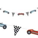 Retro Race Car Themed Birthday Banner,Race Car Party Decoration, Fast One Party Decoration for Boys,Two Fast,Boy Birthday Party Decorations,Checkered Banner